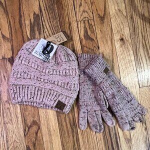 C.C  Cable Knit Messy Bun Beanie and gloves - Confetti Indi Pink